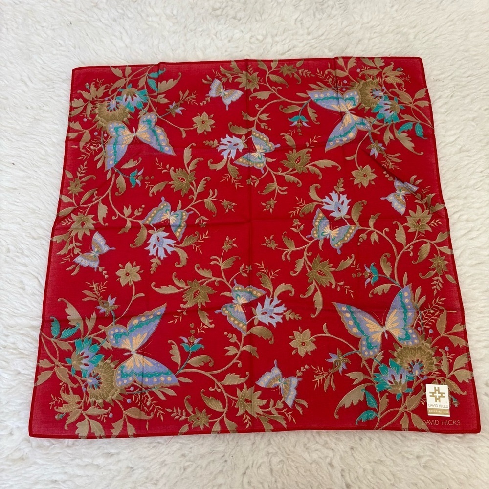 David Hicks Red Floral Butterfly Handkerchief/Bandanna/Scarf 16.5”